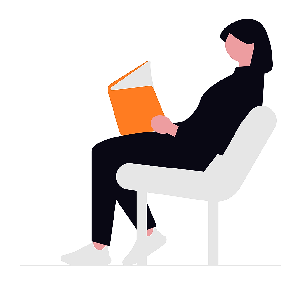 Illustration of a woman sitting in a chair reading an orange book