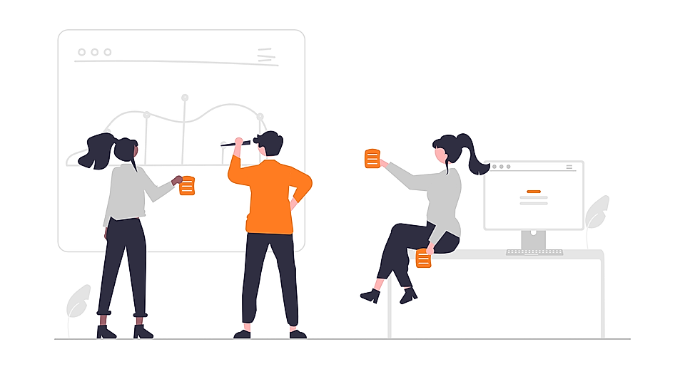 Team of designers reviewing web interface mockups and holding coffee beside a desktop computer