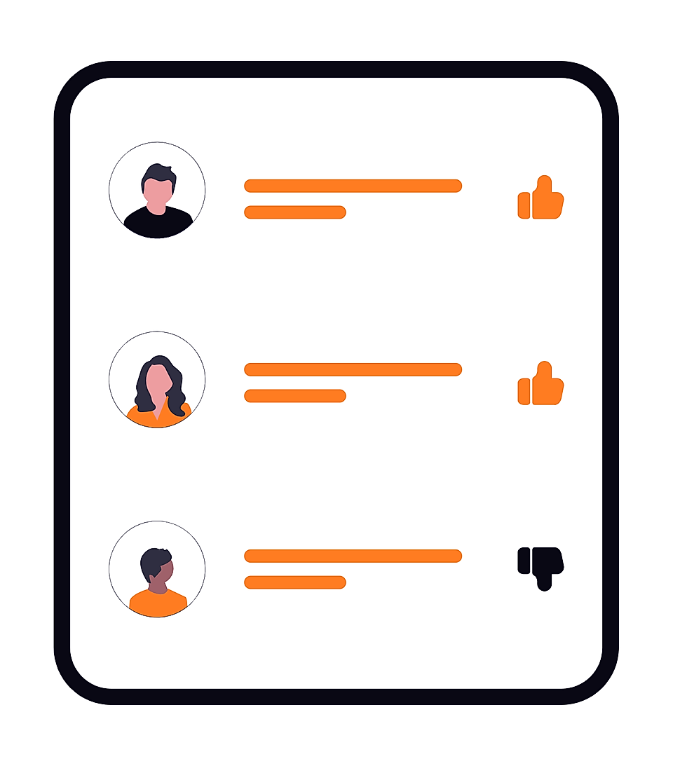 Social media post list with three user avatars, text lines, two likes and one dislike icon