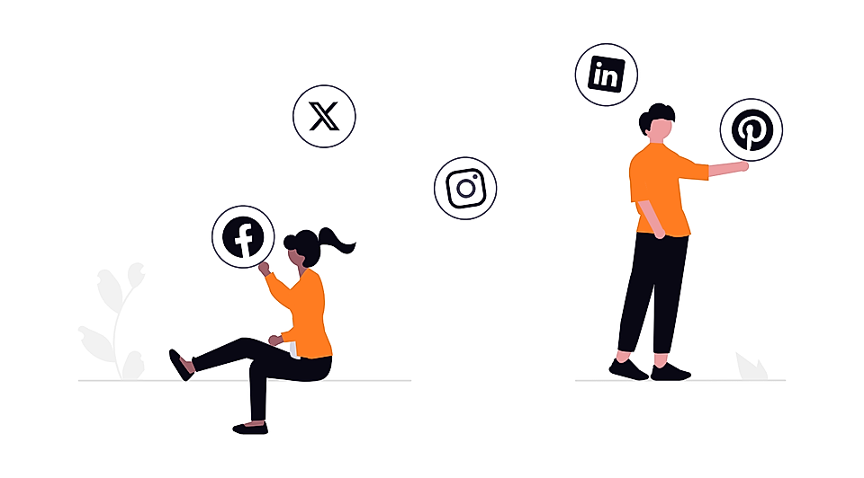Two characters interacting with popular social media icons: Facebook, X, Instagram, LinkedIn, and Pinterest.