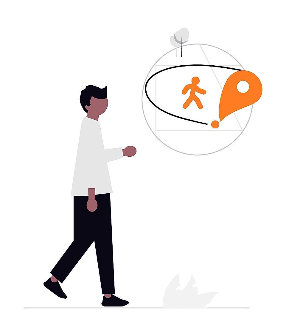 Person walking toward a map pin and route icon inside a circular diagram
