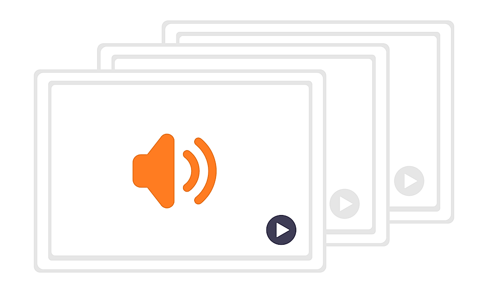 Stacked video player icons with an orange speaker symbol and play buttons on layered screens