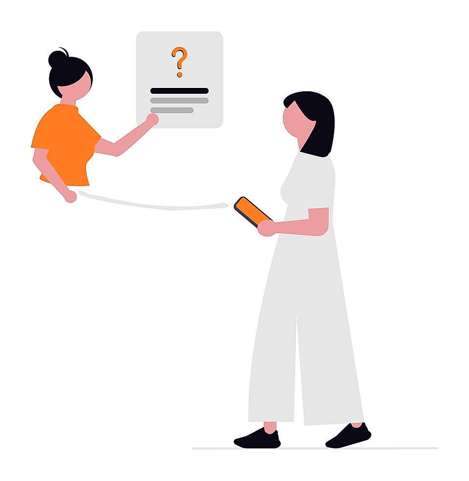Two women discussing a document; one points to a question mark form while the other holds a smartphone.