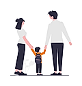 Parents holding hands with a child wearing a backpack
