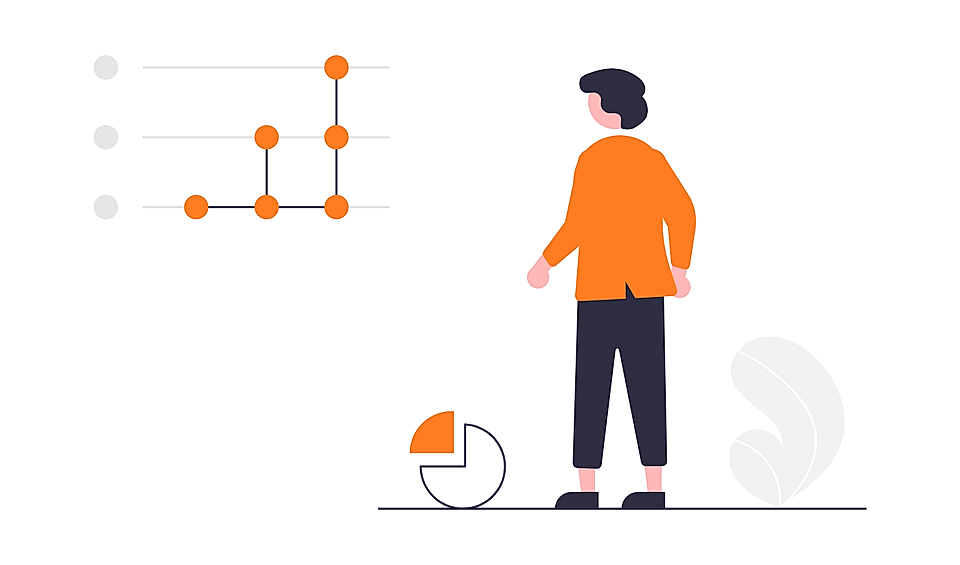 Illustration of a person beside a pie chart and connected line graph with orange data points