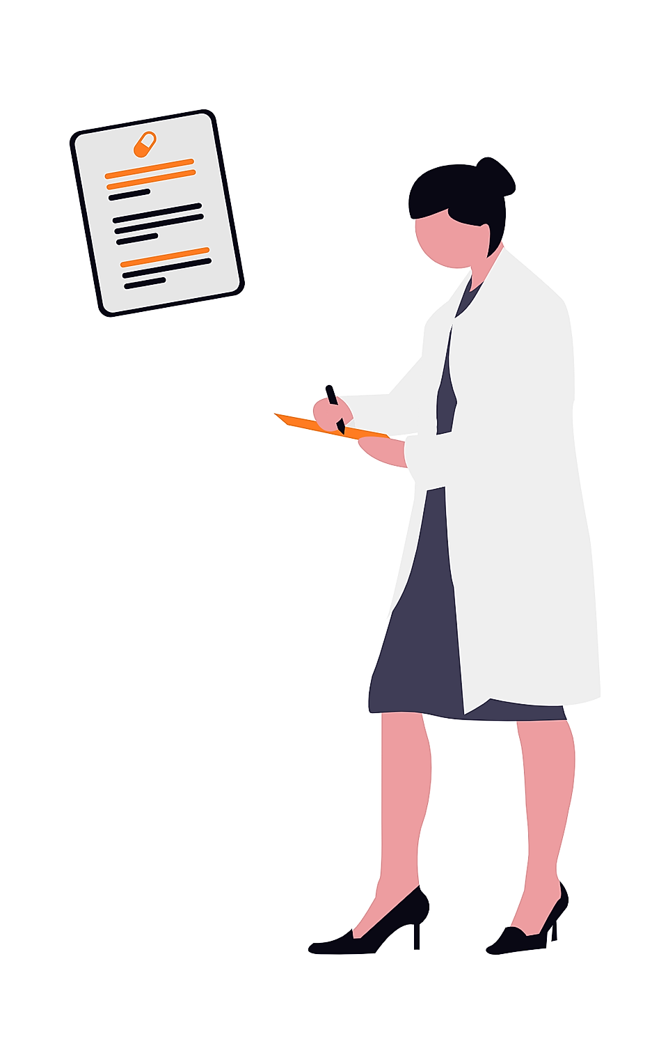 Doctor in white coat writing on clipboard beside a patient chart icon