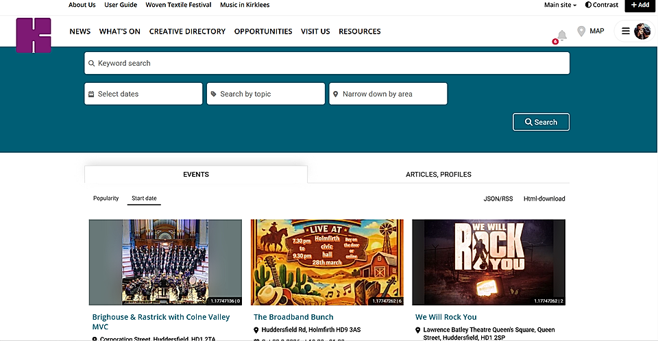 Screenshot of a website homepage featuring events, articles, and a search bar related to creative opportunities.