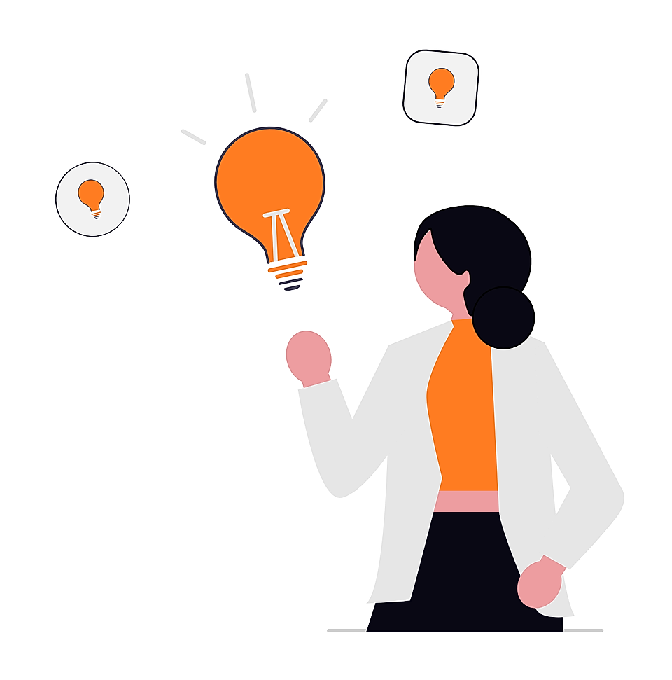 Businesswoman holding idea lightbulb icon with floating lightbulb symbols