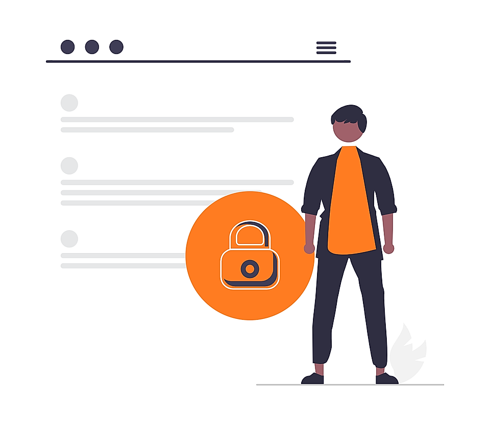 Illustration of a person beside a lock icon over a website page layout