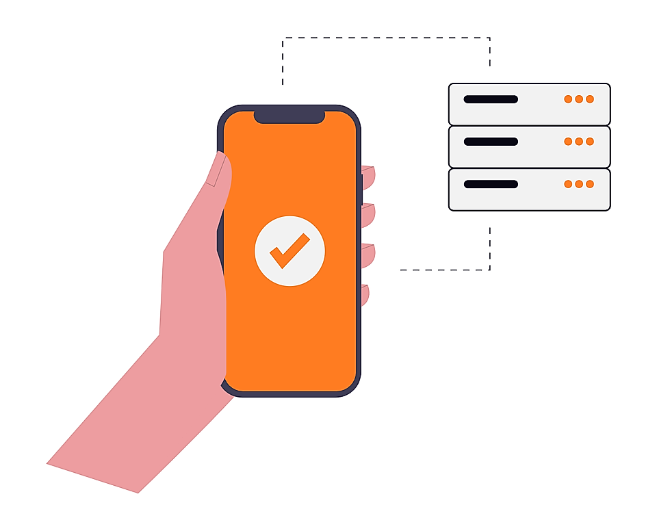 Hand holding smartphone with checkmark icon connected to server stack illustration