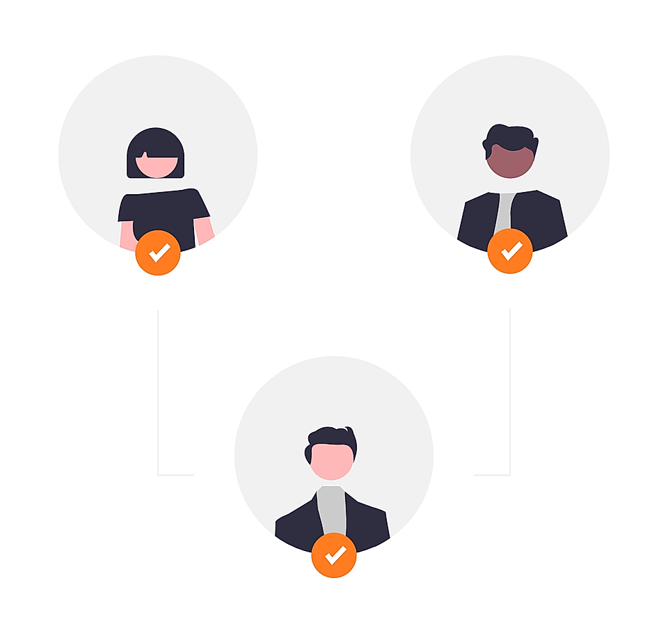 Three connected user avatar icons with check marks, showing a simple team or network diagram