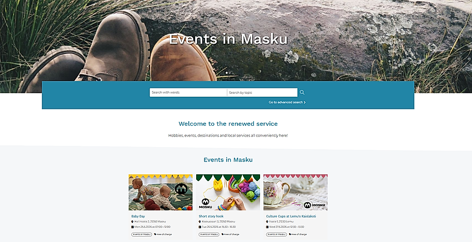 Events in Masku website homepage with search bar and event listings under a hero image