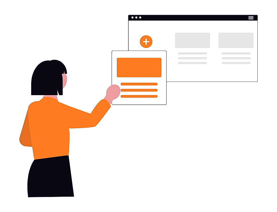 Person adding a content card to a website layout on a screen