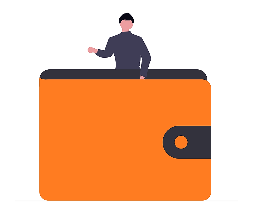Illustration of a person standing behind a large orange wallet icon with a dark clasp