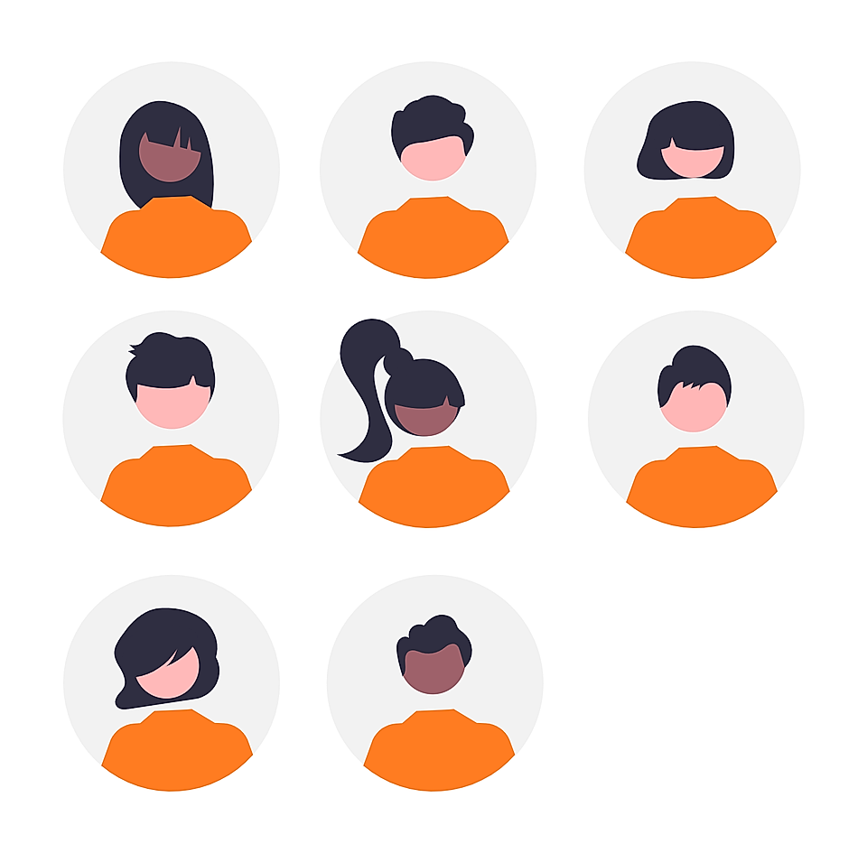 Nine diverse avatar icons in circles, each wearing orange tops with different hairstyles and skin tones.