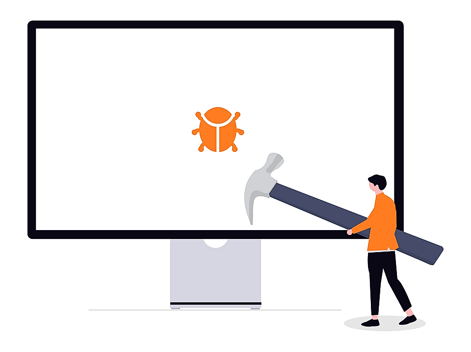 A person in an orange shirt uses a hammer to hit a bug icon on a computer screen, symbolizing debugging.
