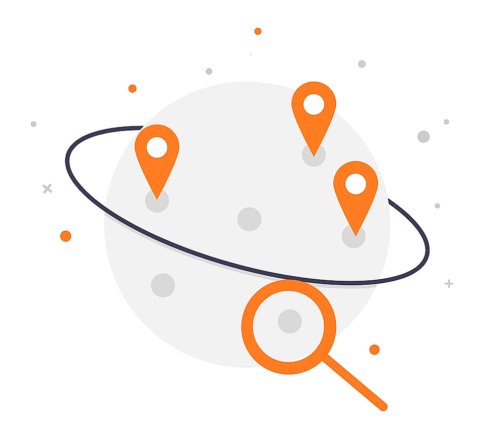 Orange location pins orbiting a globe with a magnifying glass, representing global search and mapping.