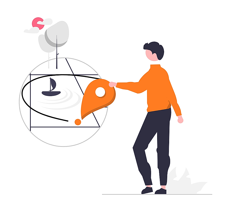 Illustration of a person placing an orange marker over a sailboat diagram with abstract shapes and clouds.