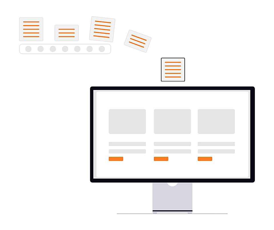 Digital marketing concept with web page cards moving into a computer screen in a content workflow