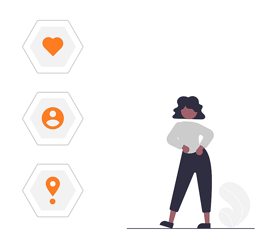 Illustration of a woman beside icons for heart, user profile, and location in hexagon frames