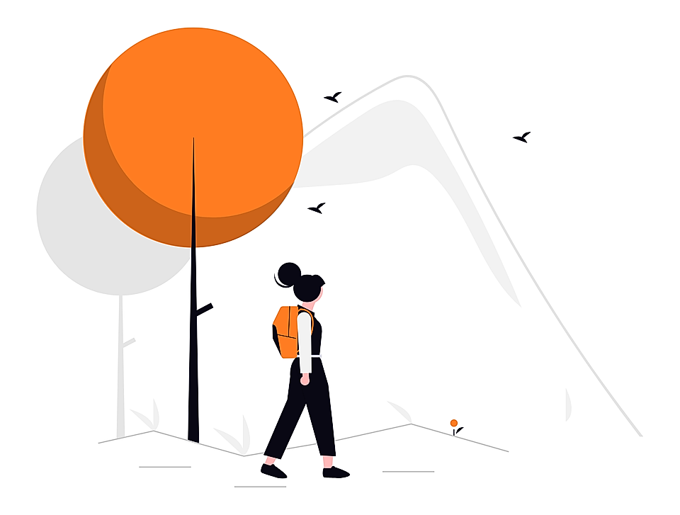 Illustration of a person hiking with an orange backpack beside stylized trees, birds, and mountains.