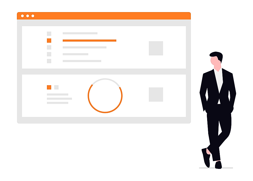Businessman beside dashboard analytics interface with charts, lists, and progress ring