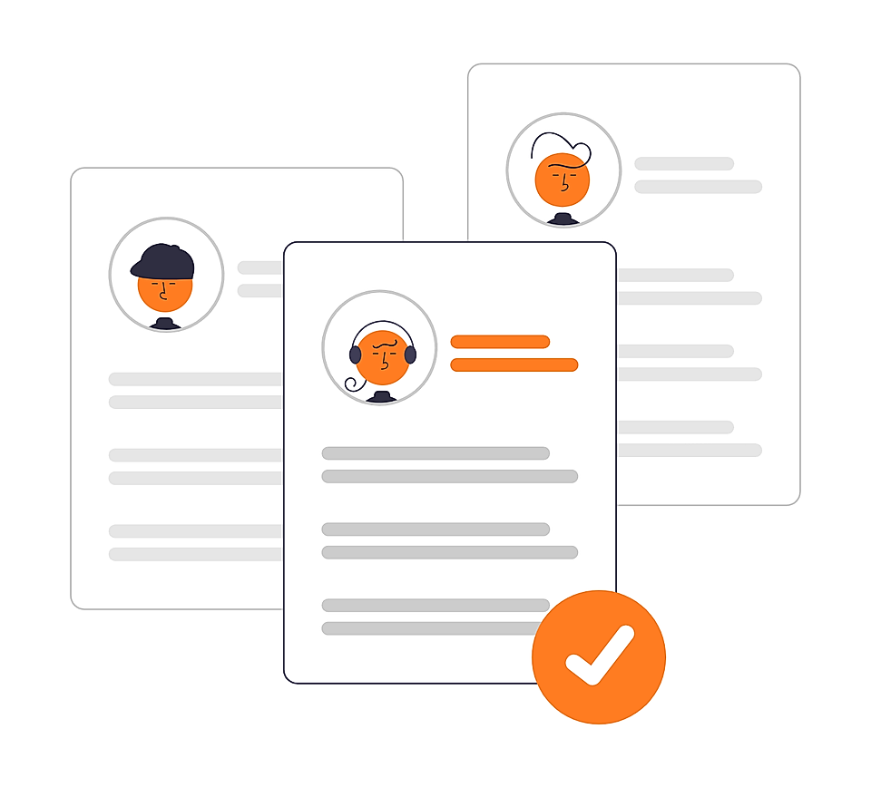 Three profile cards with avatar icons and orange checkmark icon