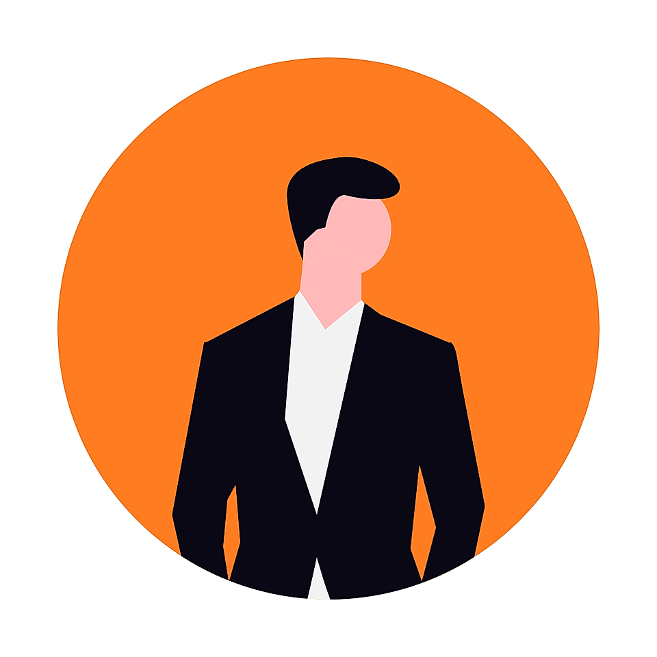 Illustration of a businessman in a black suit on an orange circular background