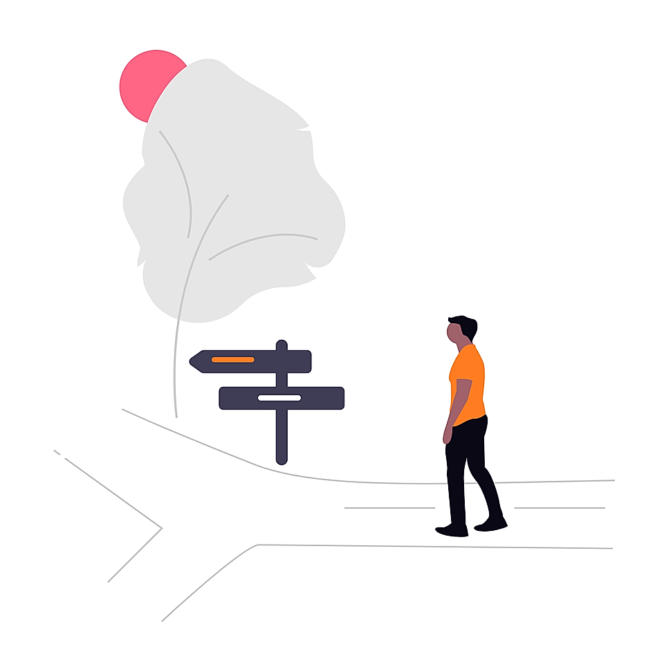 Person standing at a forked road beside a signpost with a tree and pink circle in the background