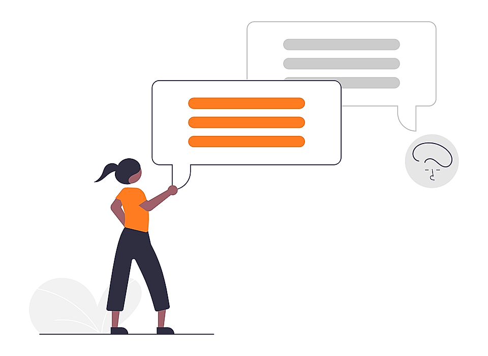 Illustration of a woman speaking beside large chat bubbles with text lines