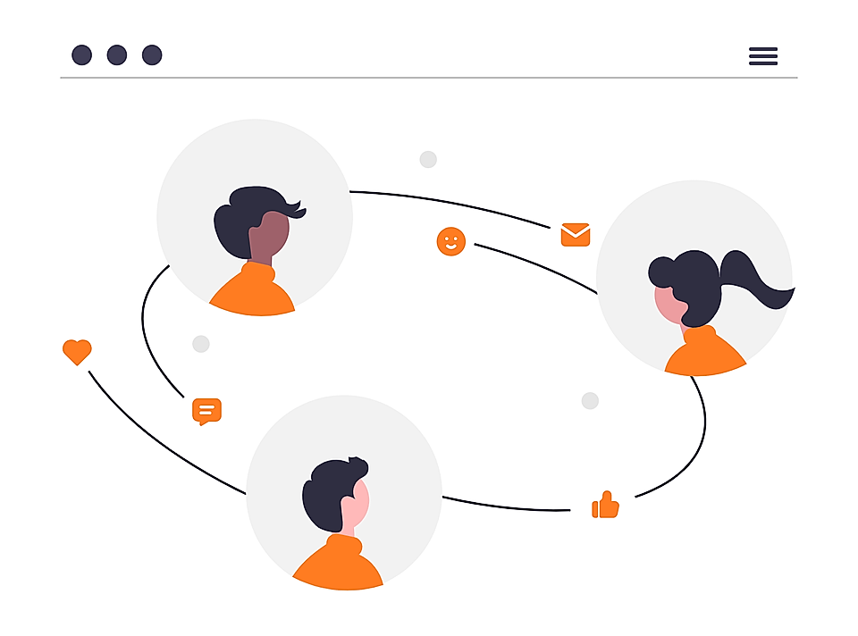 Vector illustration of three people communicating with icons for messages, likes, and smiles connected by lines.