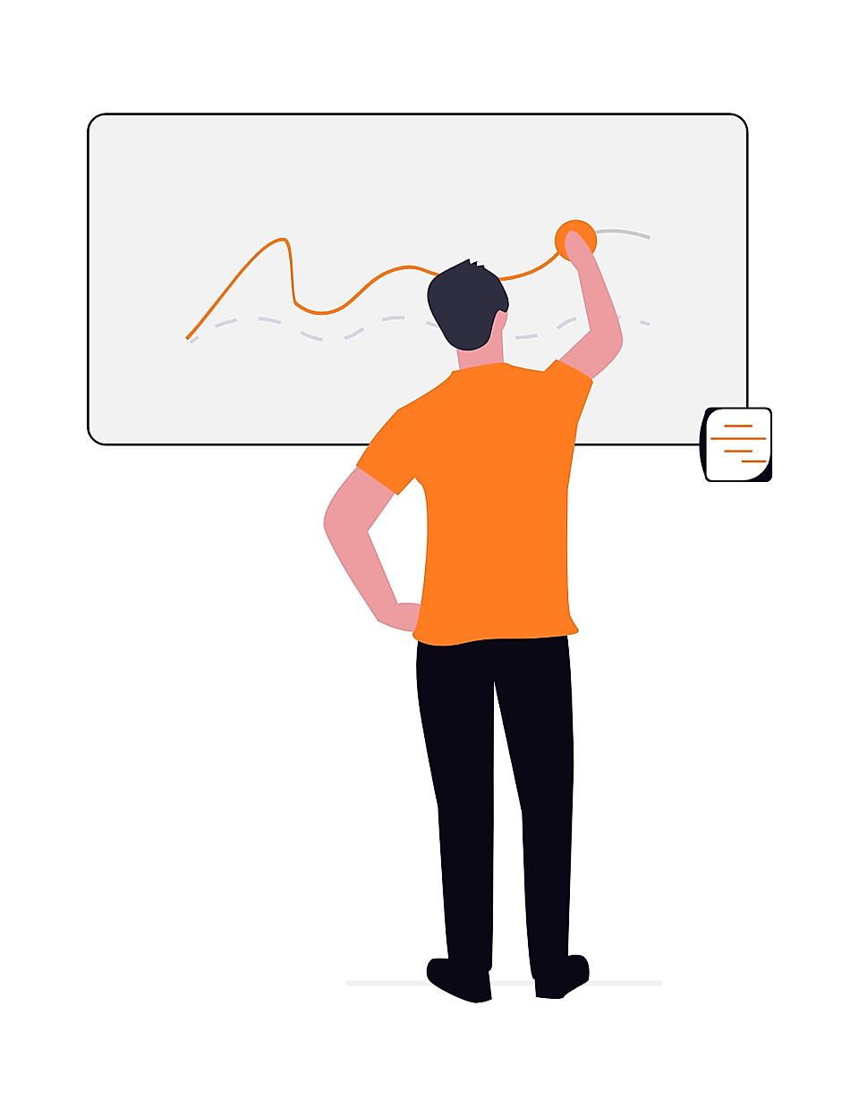 Person in orange shirt drawing a line graph on a whiteboard with a marker