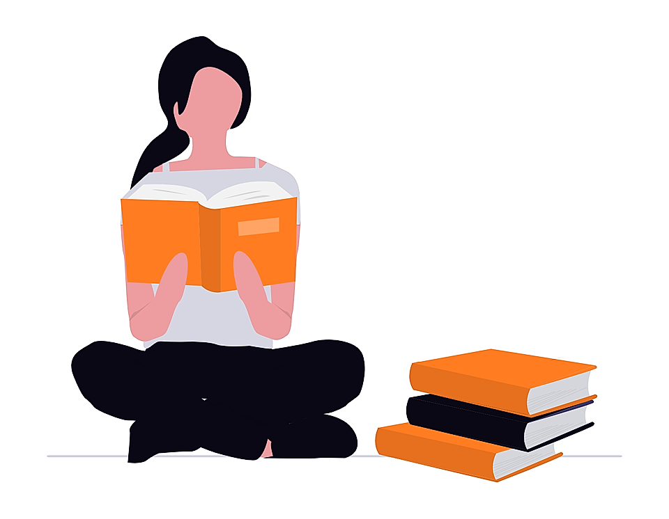 Illustration of a woman sitting cross-legged reading an orange book beside a stack of three books.