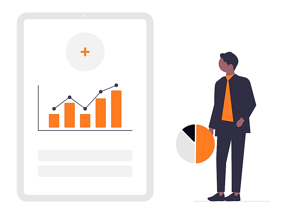 Business analytics illustration with smartphone dashboard charts and a man beside a pie chart