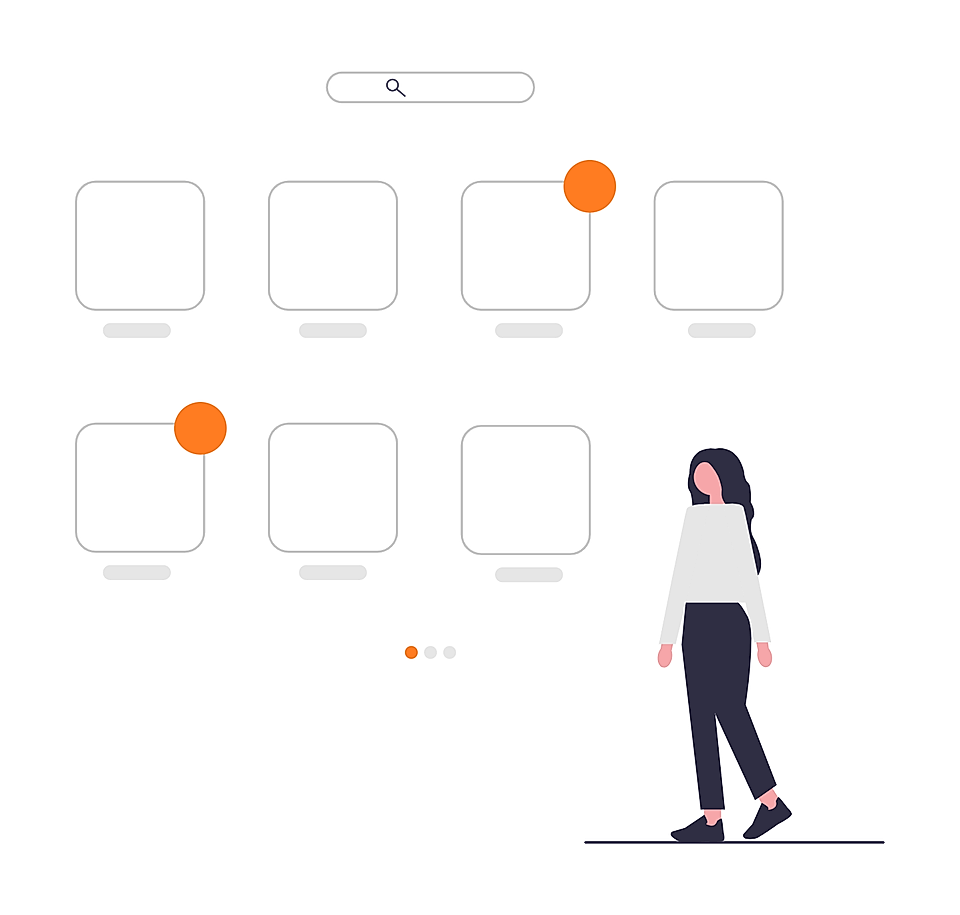 Minimal ecommerce product grid with search bar, carousel dots, and walking woman illustration