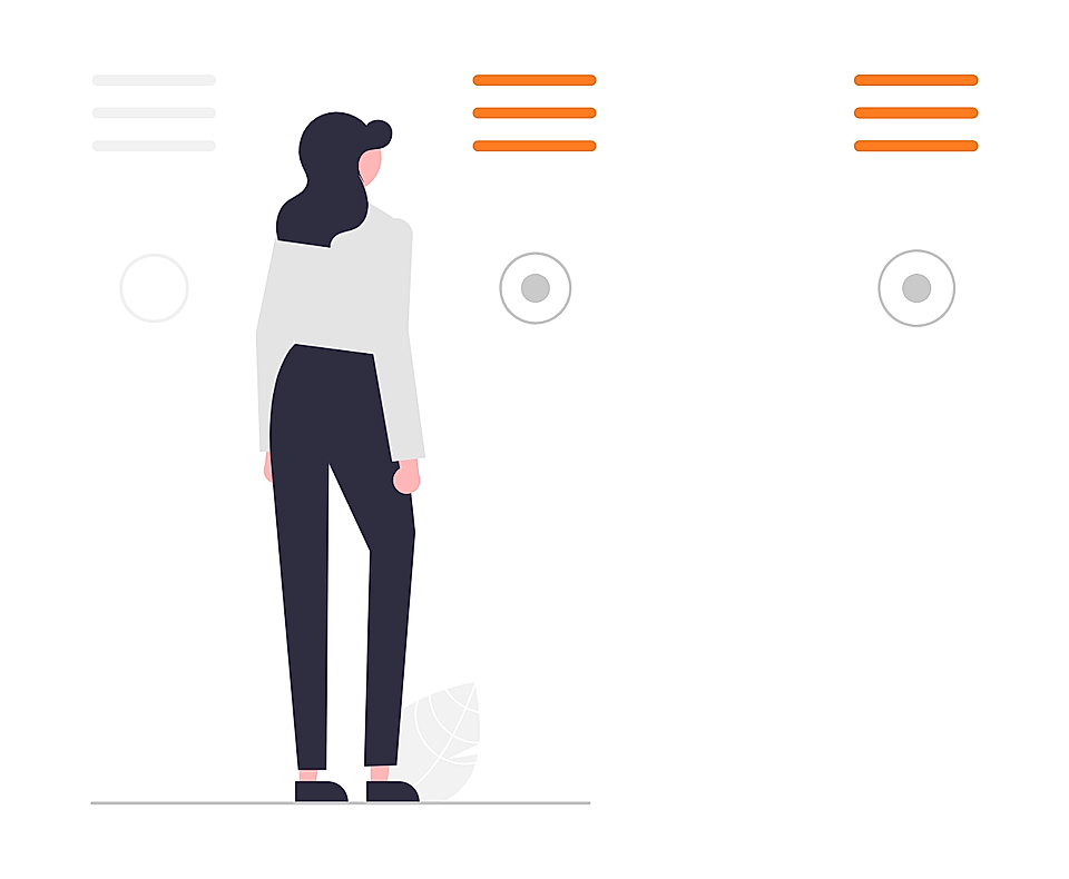 Illustration of a woman standing before a minimalist interface with menu bars and circular icons.