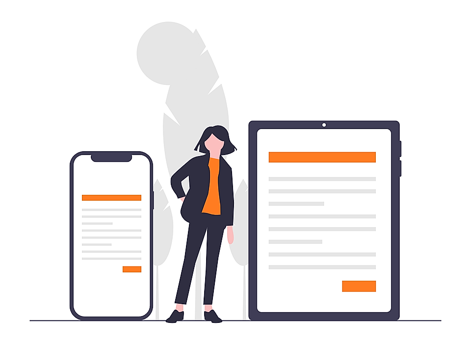 Woman standing between a smartphone and tablet displaying web page layouts