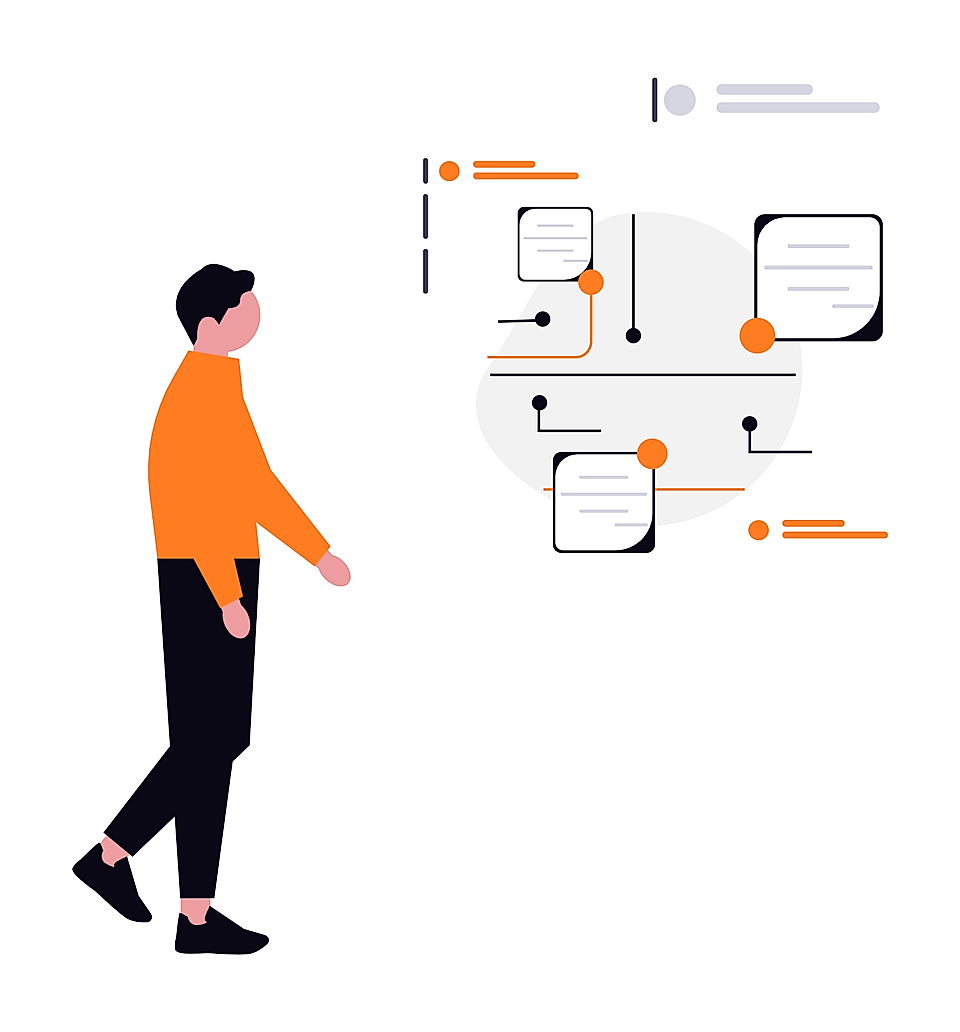 Person in orange shirt walking toward abstract workflow dashboard with documents and connected nodes
