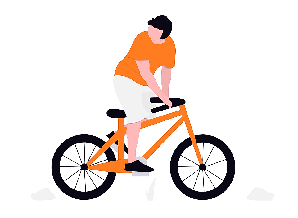 Illustration of a person riding an orange bicycle on a white background