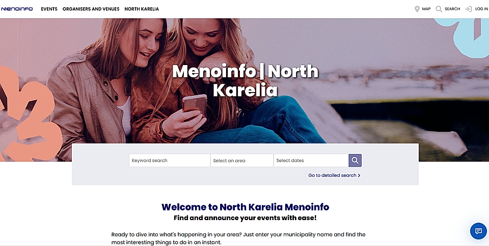 Screenshot of the North Karelia Menoinfo website homepage featuring event search options and two women using a smartphone.