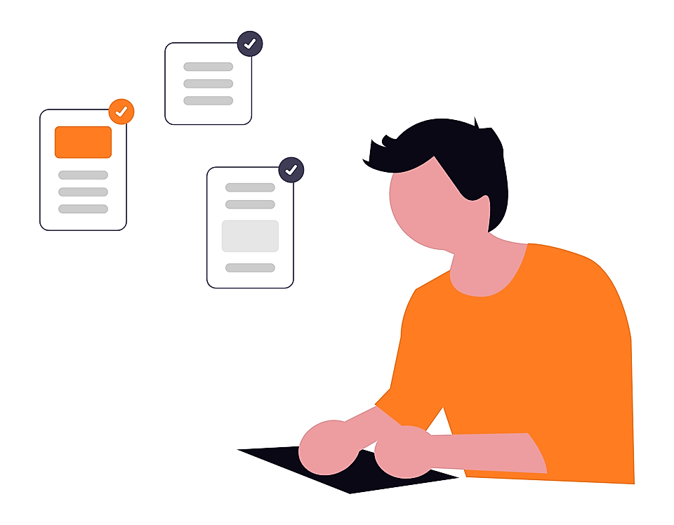 Person using a laptop with three checked document icons floating beside them