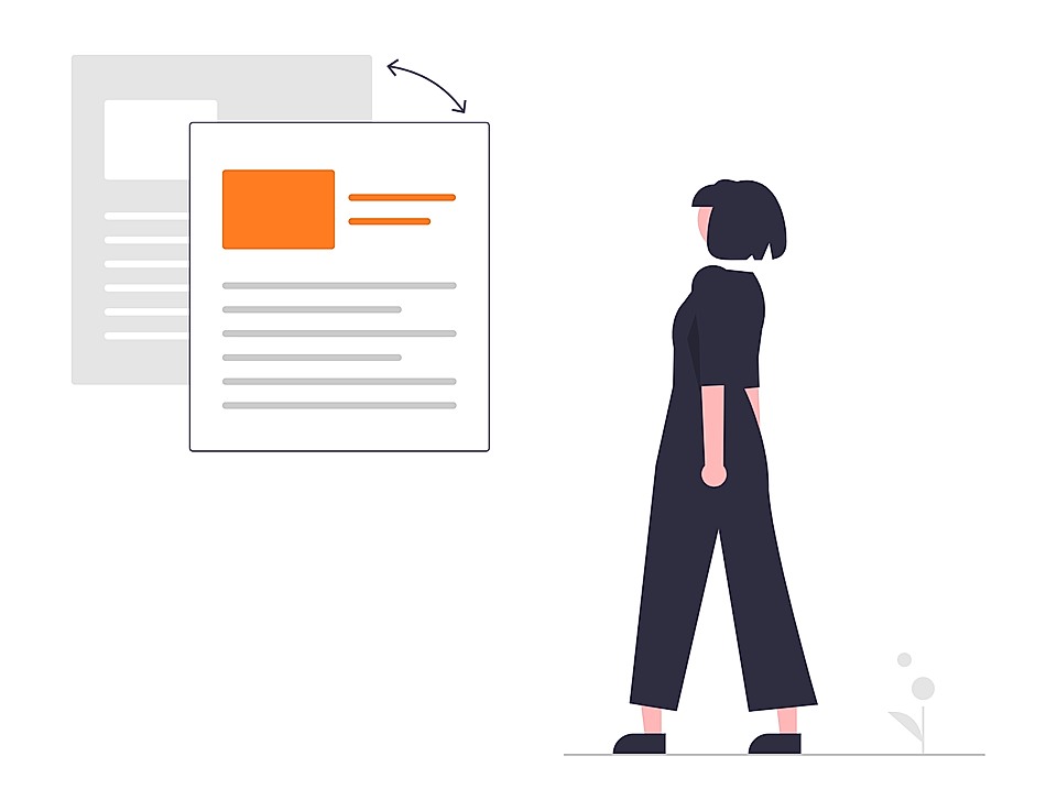 Woman standing beside layered document mockups with arrows showing moving content blocks