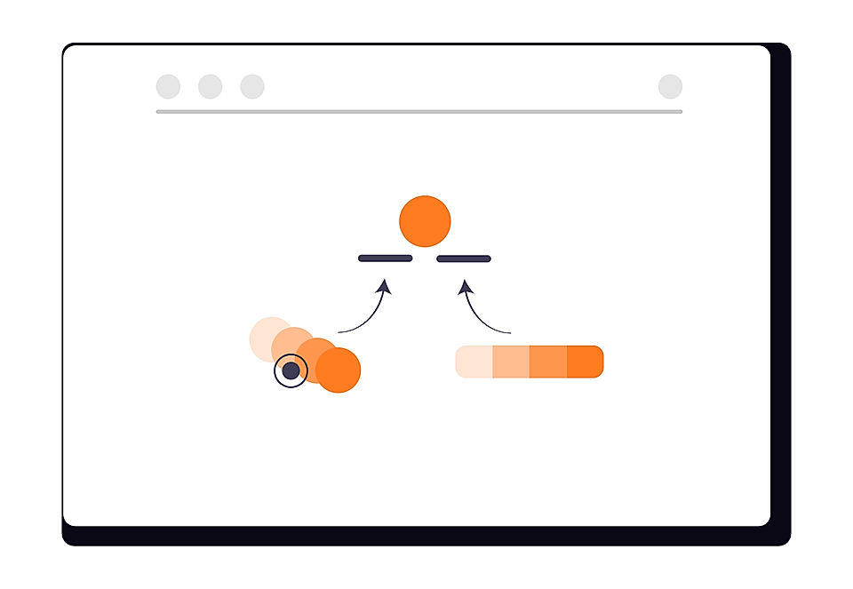 Diagram of orange circles and bar segments with arrows pointing upward inside a browser window frame