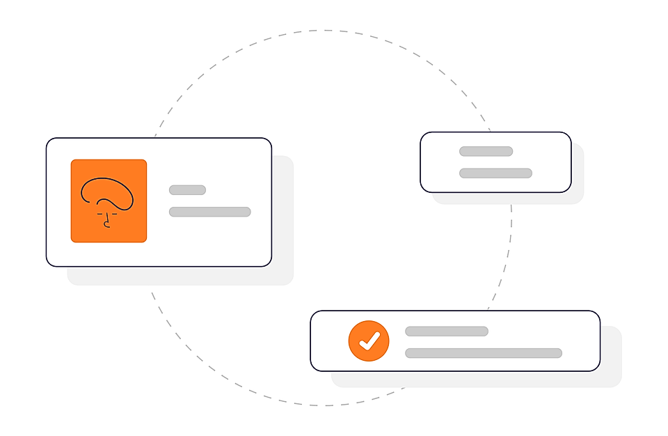 Abstract workflow diagram with three content cards connected by a dashed circular path, one showing a checkmark.