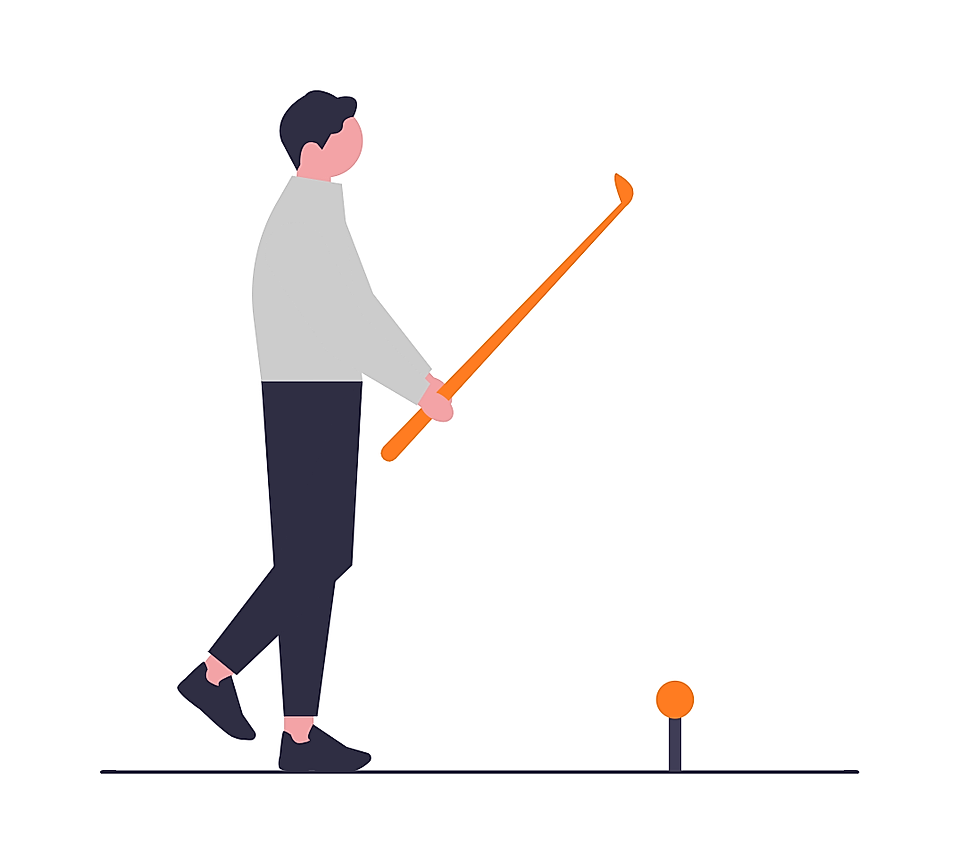 Illustration of a golfer holding a club, standing near a golf ball on a tee.