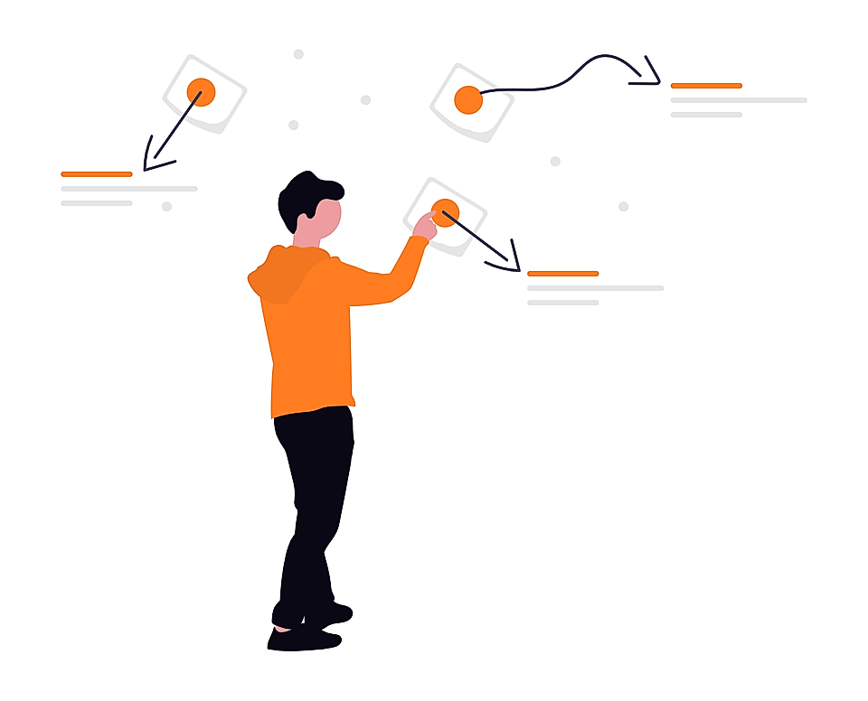 Person in orange hoodie interacting with floating UI cards and arrows in a minimalist digital interface illustration