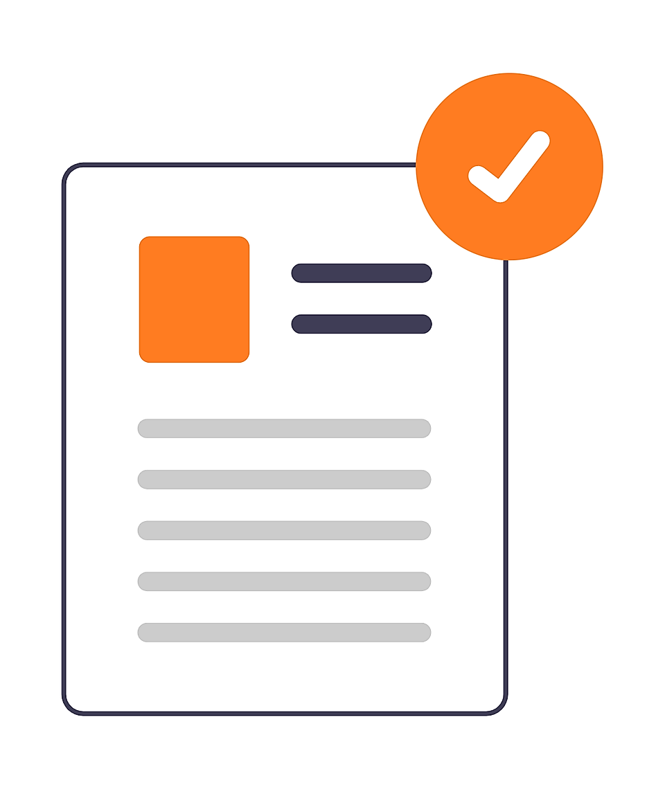 Document icon with orange checkmark badge, profile block, and text lines on a white background