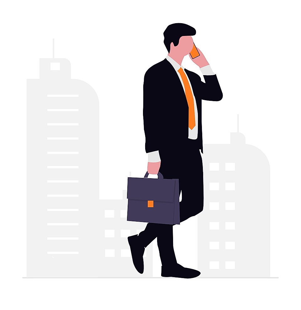 Businessman in suit talking on smartphone and carrying briefcase with city buildings in background