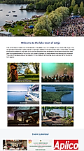 Homepage for Lohja lake town with lake crowd photo, activity tiles, and event calendar section.