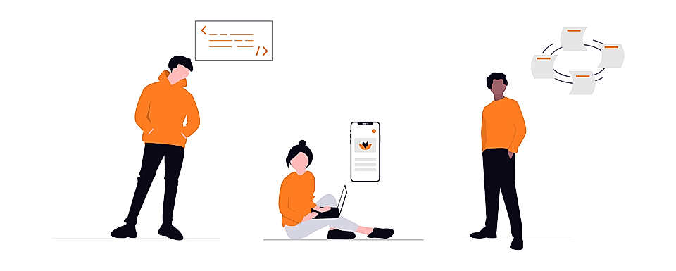 Three people in orange sweaters with code, laptop, and app UI icons on a white background